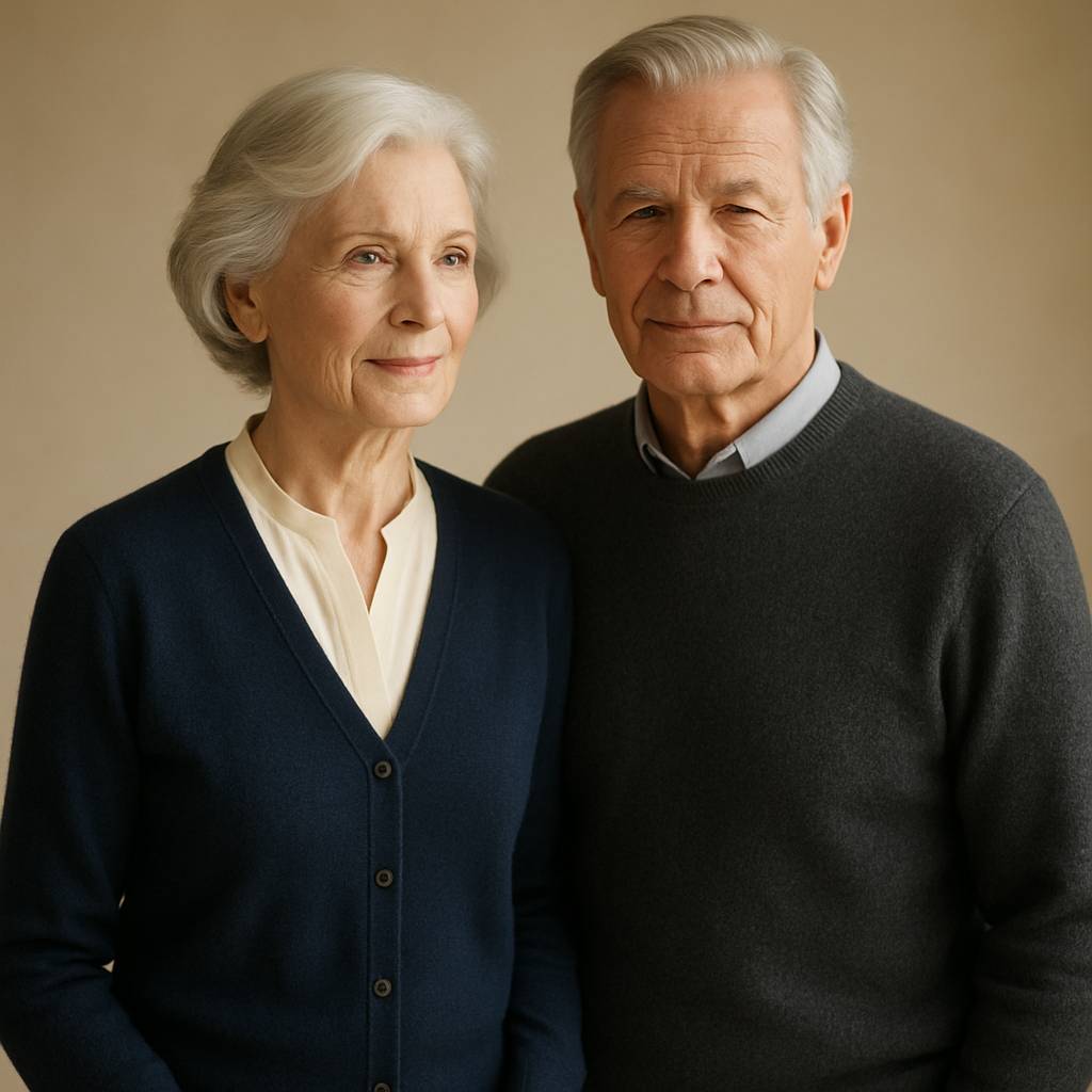 An elegant senior couple wearing comfortable Vicitacore clothing